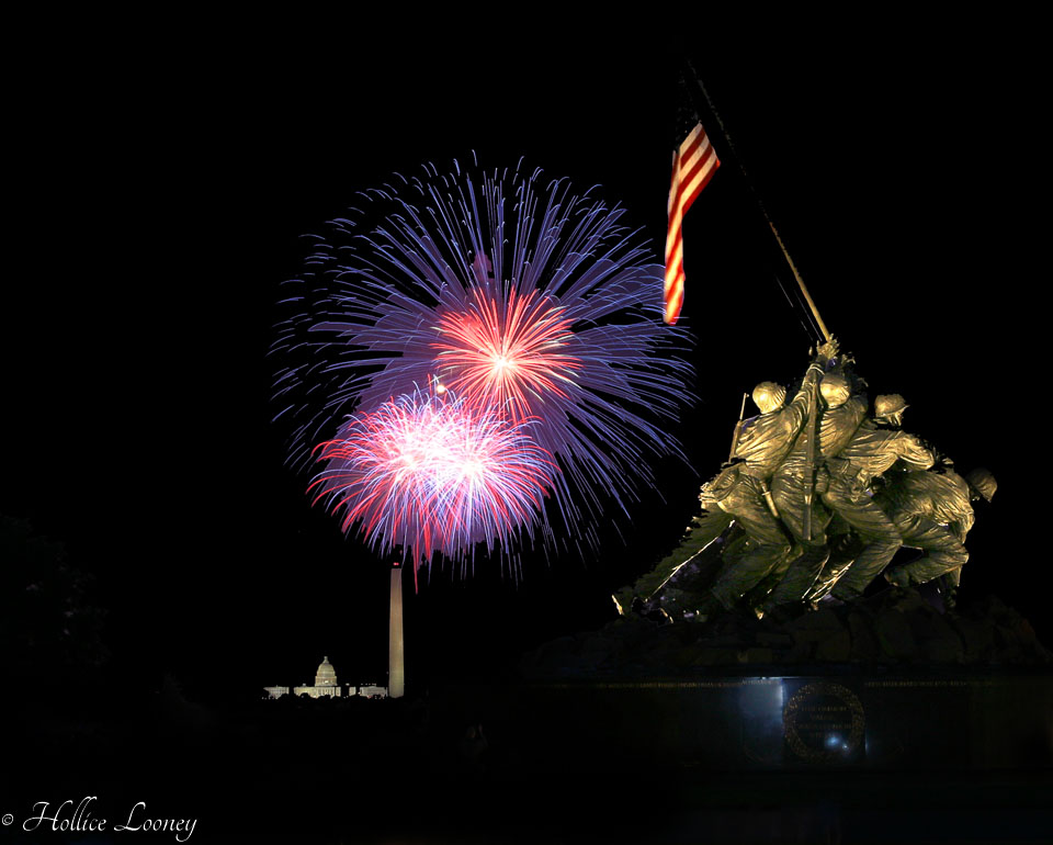 July 4th Fireworks in back of the Iwo Jima Memorial and Above the